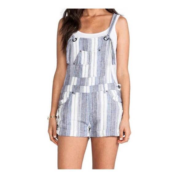 Free People Women's Striped Denim Short Overalls Size 6 BOHO BEACH preowned - Picture 1 of 16